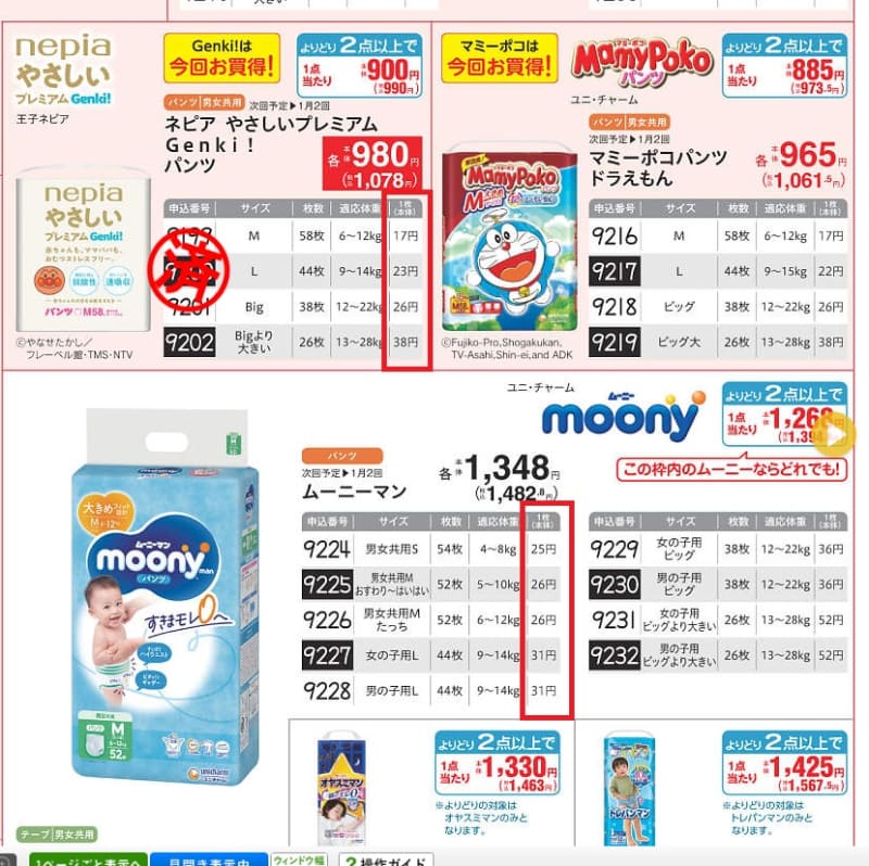 オムツもコープで買うように。1枚あたりの価格を比較できるのがありがたい