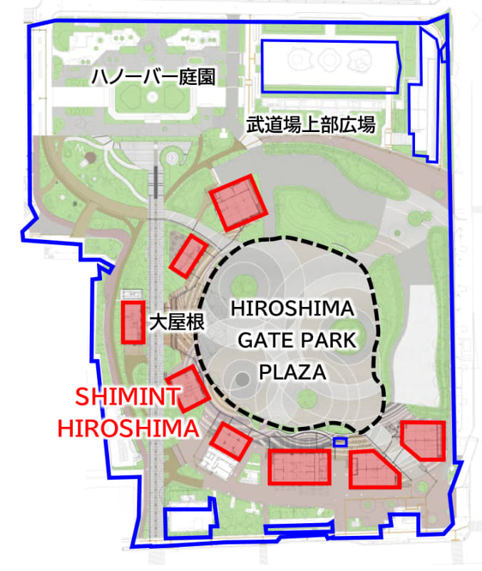 旧広島市民球場跡地整備等事業範囲。赤い部分がシミントひろしま