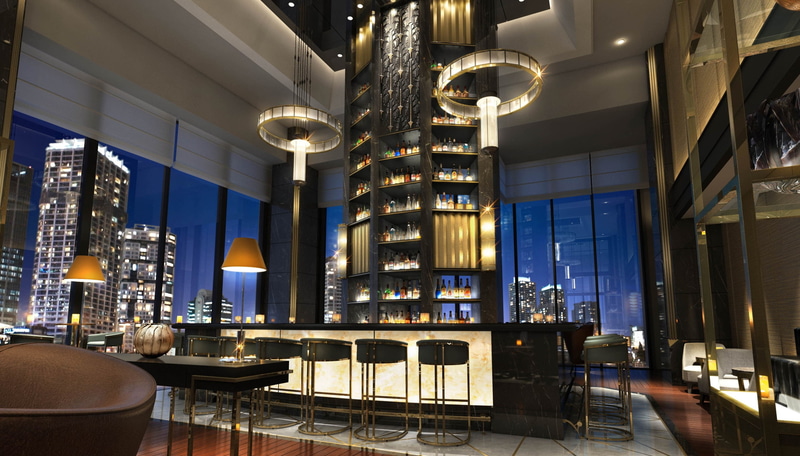 カフェ・バーラウンジの中央は大きなボトルタワー