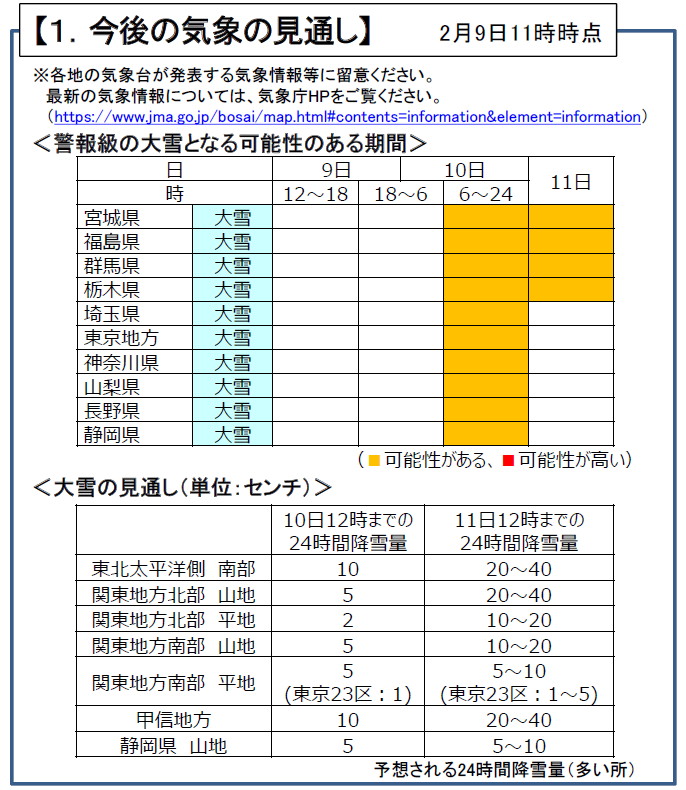 2月9日～11日、関東甲信地方の雪の見通し