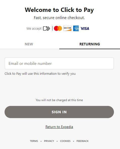 Click To Payのログイン画面。上部にある右向きの矢印のようなマークがClick To Pay(EMV SRC)のアイコン。対応している国際ブランドのアイコンも併記されている