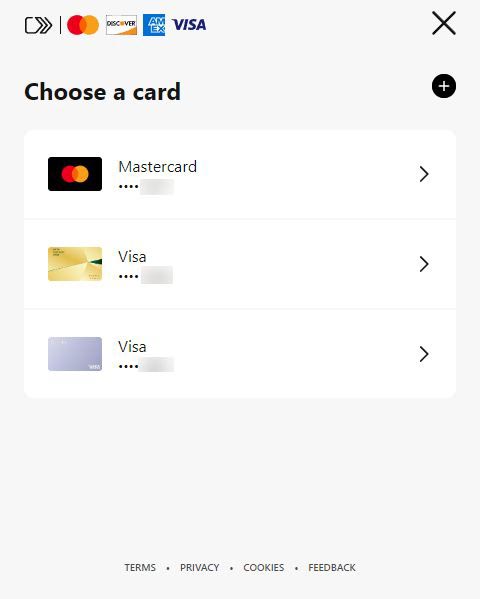 あらかじめ登録されていたクレジットカードが選択できる。登録自体はMasterCardとVisaで別々に登録したが、決済画面では一覧表示される。三井住友カード(Visa)とRevolutはカード券面がきちんと表示されているが、三井住友カード(MasterCard)は券面が表示されていない。このあたりの理由はちょっと不明