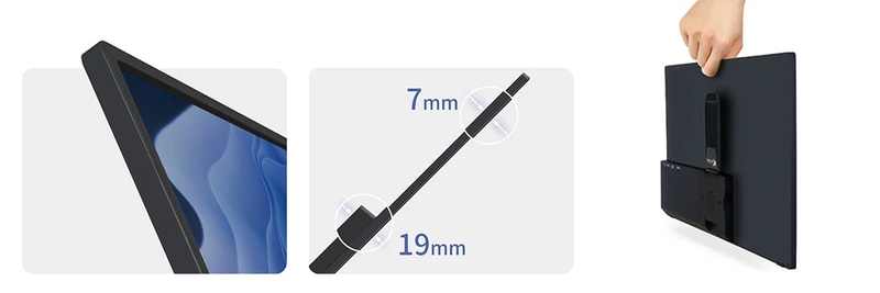 額縁の幅は7mm、最薄部も7mm、重さは784g