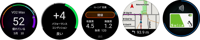 左からVO2 Max、パフォーマンスコンディション、トレーニング効果、フルカラーマップ、Suica