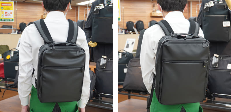 エース ガジェタブルバーテクトのSサイズ(左)とMサイズ(右)を背負って比較。背負ってみるとかなり印象が違って見える