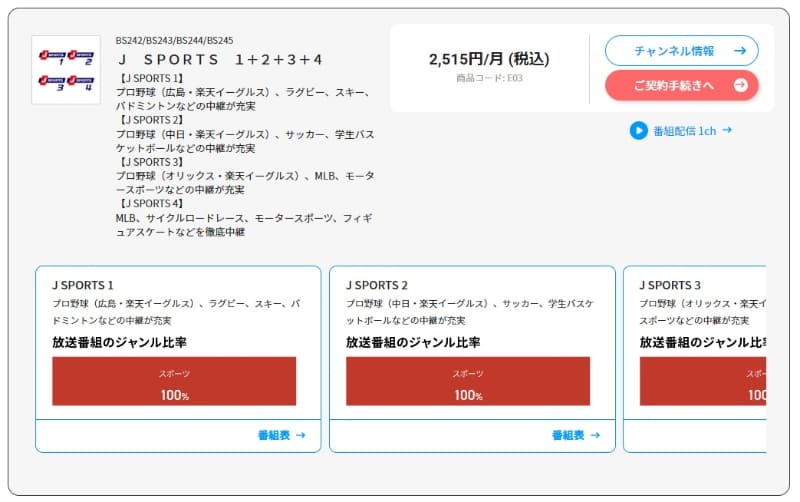 CSのJ SPORTSチャンネルはスカパーだと「1・2・3・4」まとめての契約になります。広島はJ SPORTS1、中日はJ SPORTS2で視聴可能