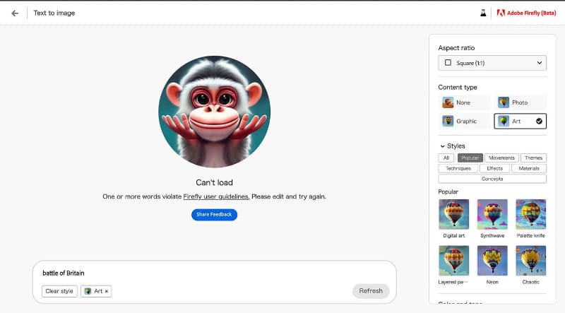 「battle」などの言葉が含まれると、ガイドライン違反で画像が生成できない