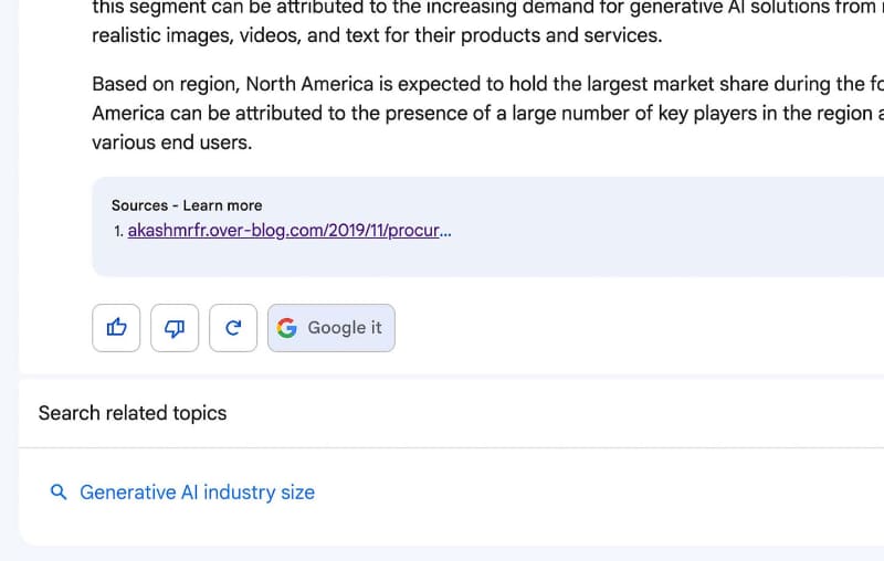 根拠となったウェブも下に提示される。また、同じ題材をネット検索する「Google It」というボタンも