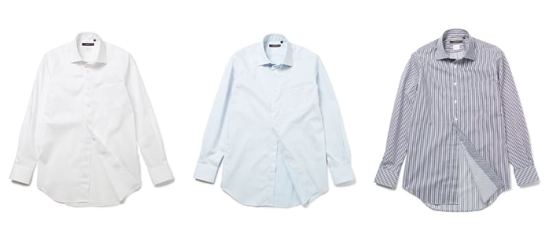 左から、ホワイト無地、サックスブルー無地、ネイビーロンドンストライプ