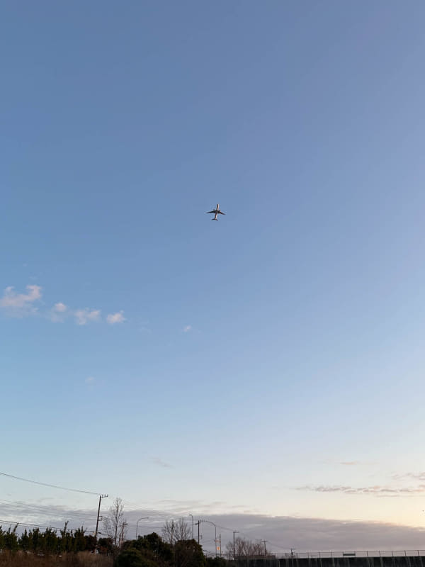 木更津上空を飛ぶ羽田空港着陸機。スマホの広角カメラでこの大きさで取れる高度である
