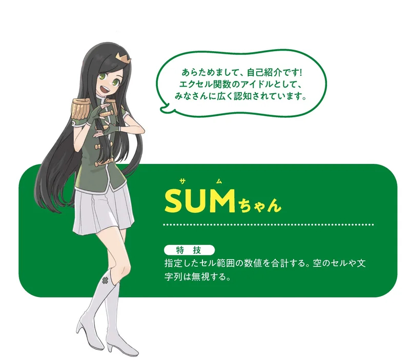 筒井さんがExcelのSUM関数を擬人化した「SUMちゃん」。誰もが一度は使ったことのある知名度No.1の関数という特徴から、アイドルのキャラクターになっている