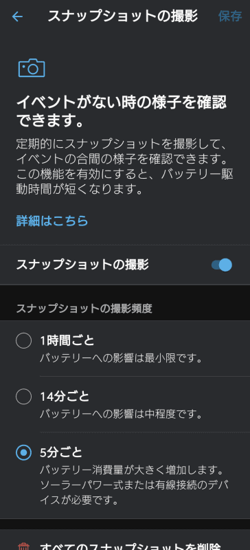 定期的に静止画を撮影するスナップショットは、標準では1時間ごととなっているが、モーションを検知していない場面もなるべくチェックできるよう、5分間隔に設定