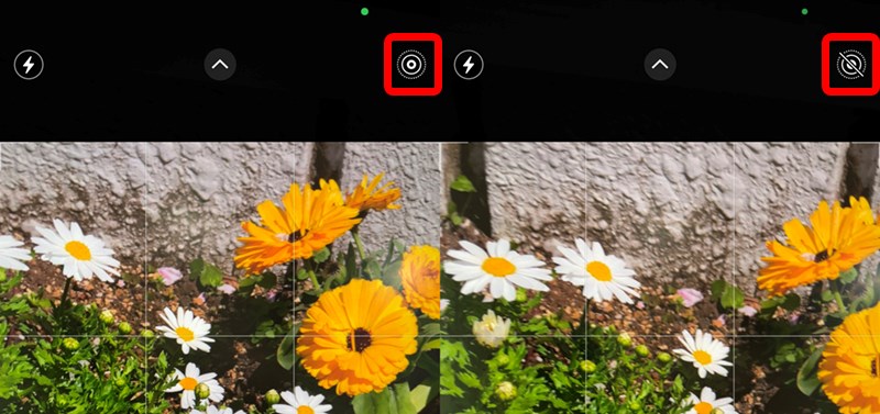 [カメラ]アプリで撮影時の画面。画面右上のアイコンで“Live Photos”のON(左)/OFF(右)を確認できる