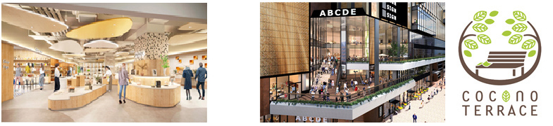 2階物販店舗イメージ(左)、屋外広場イメージ・ロゴ(右)