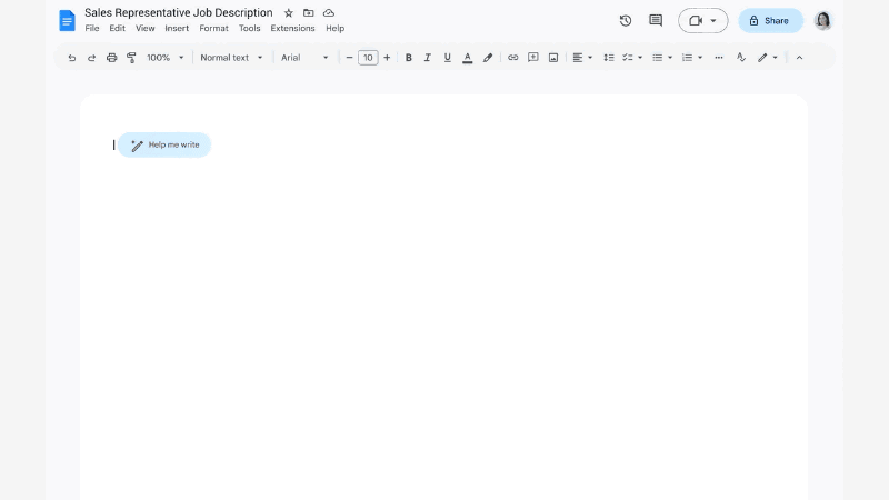 Google SheetsのDuet AI。書きたいトピックを入力するだけで、Docsに下書きが作成され、位置情報やステータスなどの情報もスマートチップで提供される(クリックして再生)