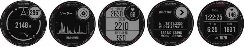 左から、ABCセンサー、ソーラー機能、登山モード、デュアルポジション、タクティカルアクティビティ