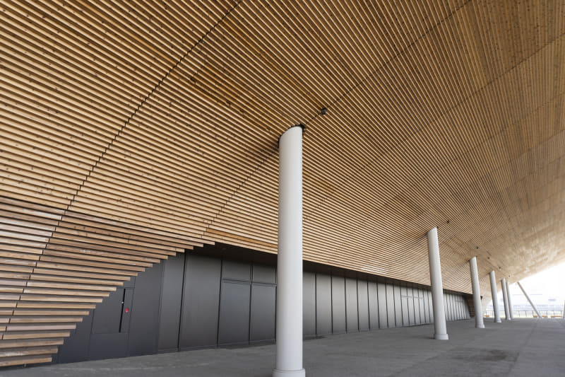 外壁にも一部木材が使用されている