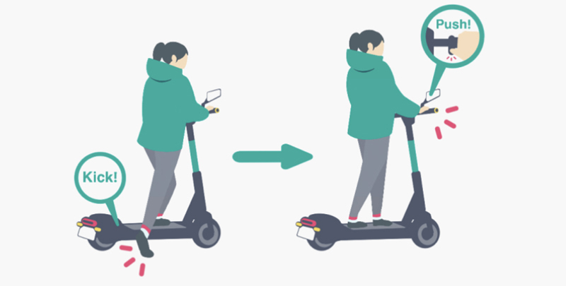 アプリ中で指南されるLUUPの乗り方。車重があるため、停止状態からのスタートに戸惑う
