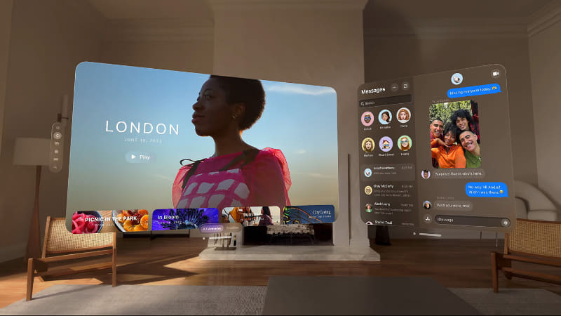 基調講演動画より。Vision Proでは空間にアプリが浮いている様子がそのまま再現される