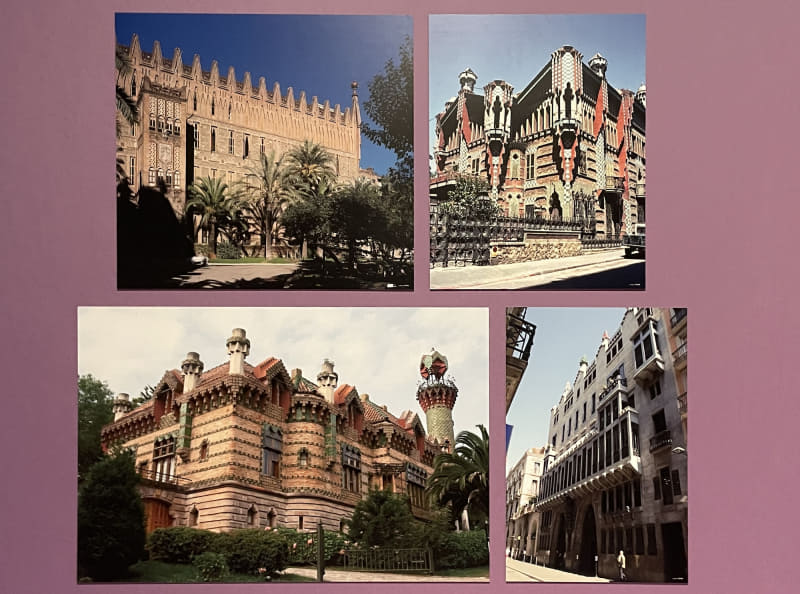 右上：カサ・ビセンス、右下：グエル館(パウラ・グエル)、左下：キハーノ邸「エル・カプリッチョ(奇想館)」、左上：サンタ・テレサ学院