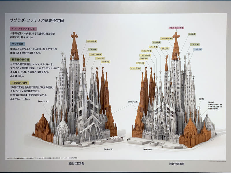 サグラダ・ファミリア聖堂の完成予定図。図の白い部分が建設完了部で、茶色い部分がこれから建設する箇所