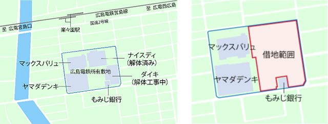 計画地の位置図(左)と借地契約を締結した範囲(右)