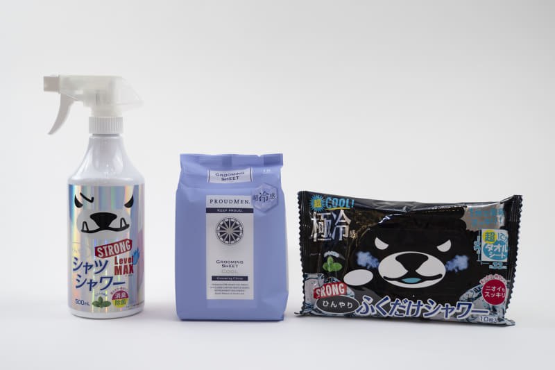 左から、ときわ商会 ひんやりシャツシャワー ストロング レベルMAX(1,595円)、ラフラ・ジャパン プラウドメン グルーミングシート クール 16枚入(990円)、ときわ商会 ひんやりふくだけシャツシャワー ストロングミント 10枚入(363円)