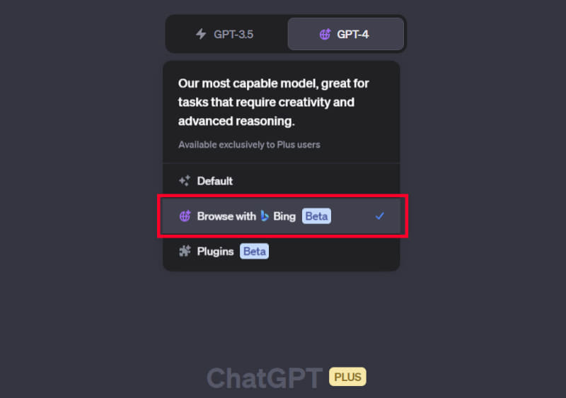 新しいチャットを「GPT-4」で始めて、「Browse with Bing」を選択