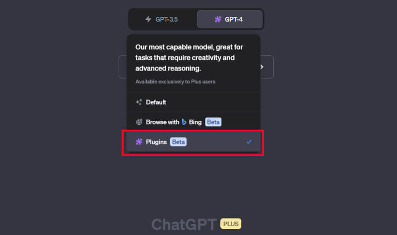 新しいチャットを「GPT-4」で開始し、「Plugins」を選択