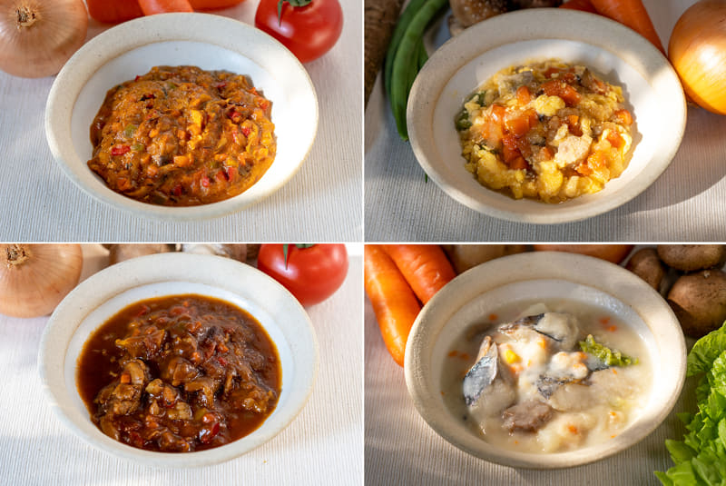 キッズレーションの商品例。「保育園で大人気の鯖カレー」(左上)、「トマトを効かせたハッシュドビーフ」(左下)、「ふんわり卵の親子煮」(右上)、「骨取りさわらのクリーム煮」(右下)。「初回限定モニター6食セット」を1,980円(1食あたり330円/別途送料880円)で提供し、2回目以降のお届け周期と食数は任意で設定できる。通常時の価格は1食あたり598円