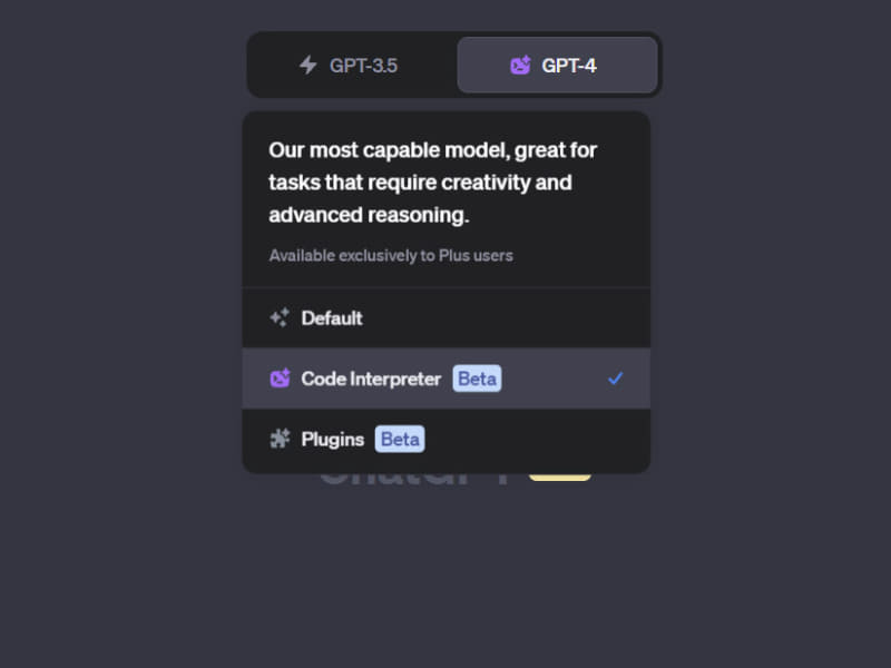 「GPT-4」を選び、「Code Interpreter」をクリックして新規チャットを開始する