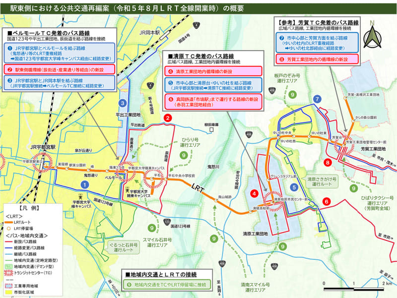 出典：<a href="https://www.city.utsunomiya.tochigi.jp/_res/projects/default_project/_page_/001/014/256/2.pdf">宇都宮市「駅東側における公共交通再編案(令和5年8月LRT全線開業時)の概要」</a>