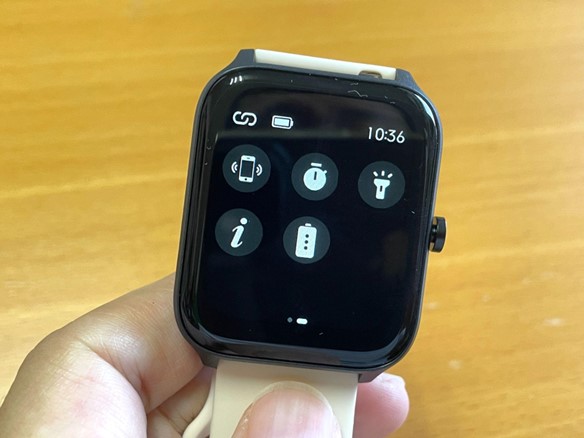 サブメニューでは明るさ調整やグリッド表示、画面ロック、モーション表示(腕の動きで時計を表示させる)、サイレントモード、スマートフォン探索(ペアリングしたスマートフォンの音を鳴らす)、画面ライト、省電力モードなどが使用できる