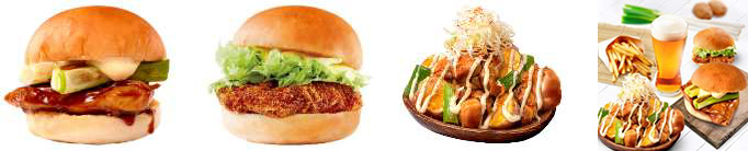 左から、焼鳥バーガー(600円)、トリキバーガー(600円)、じゃがころチキン(600円)、アルコールも提供