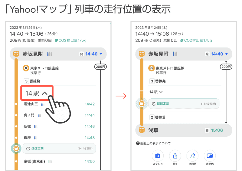 「Yahoo!マップ」列車の走行位置の表示