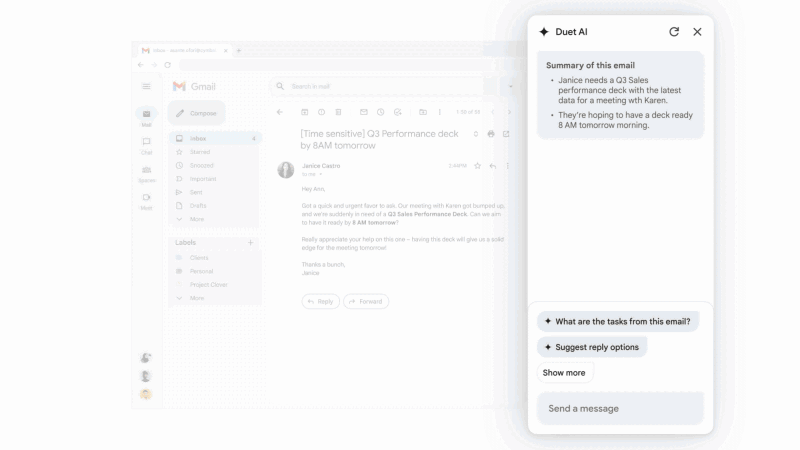 メールやSheetsなど複数のファイルから業績サマリーをDuet AIのチャット経由で作成