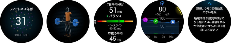 左から、フィットネス年齢、動画ワークアウト、HRVステータス、Body Battery、睡眠コーチ