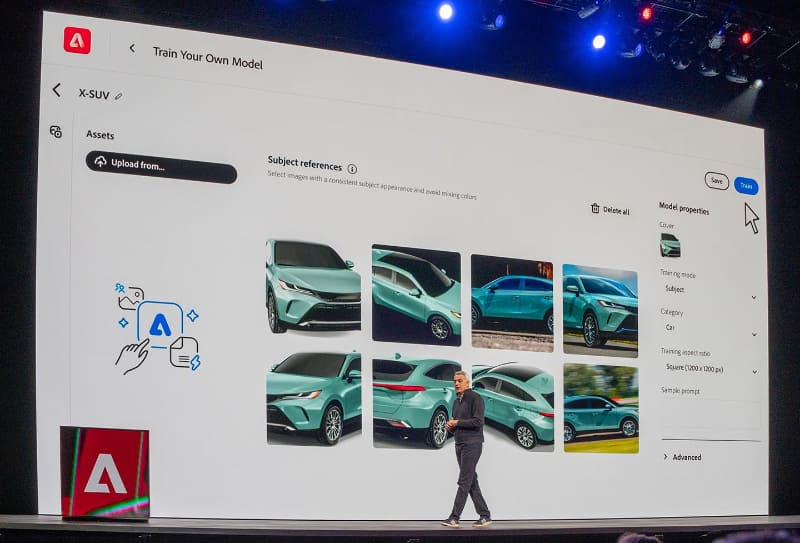SUVの写真をいくつか読み込ませて学習させると、そのSUVをベースとした画像が生成される。企業での利用には非常に便利な機能