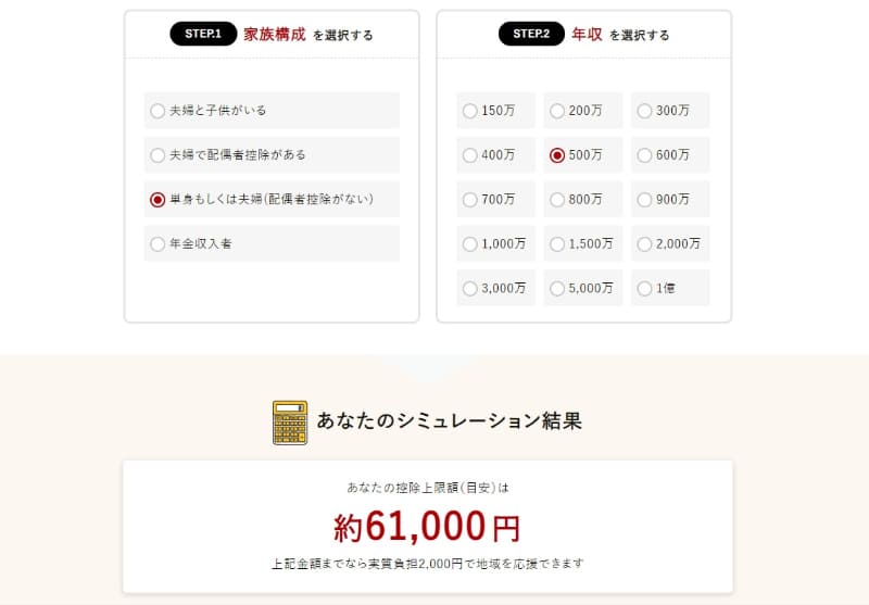 控除上限額を確認できるシミュレーター(出典：<a href=" https://www.furusato-tax.jp/about?header_guide ">ふるさとチョイス</a>)