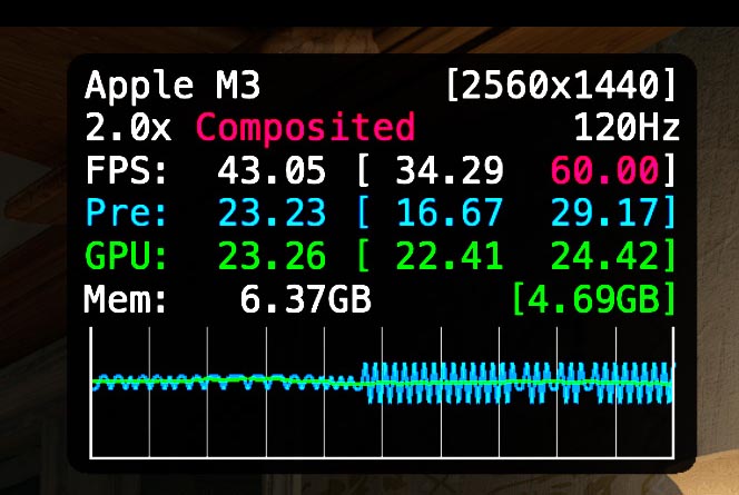 冒頭シーンで、M1 Pro(上)とM3(下)の結果を比較。M1 Proの方がフレームレートは高いが、その差は大きなものではない。