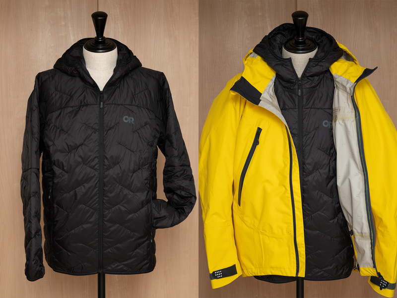 アウトドアリサーチの「スーパーストランド LT フーディ」(左)。軽くて薄いためアウターの下に無理なく着ることができます