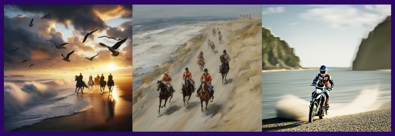 “海岸沿いを走るライダー”　左からDALLE-3、翻訳+SDXL、JSDXL