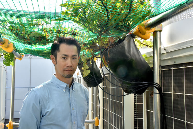 芋袋を前にして、収穫後のサツマイモについて説明する高橋尚宏さん