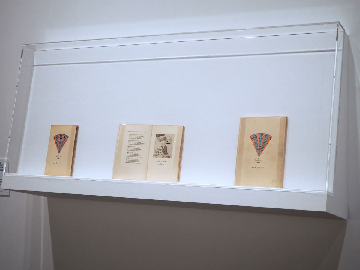『マリー・ローランサンの扇』の原本や、堀口大學によって訳編され、日本で出版された『Marie Laurencin詩画集』などの展示風景