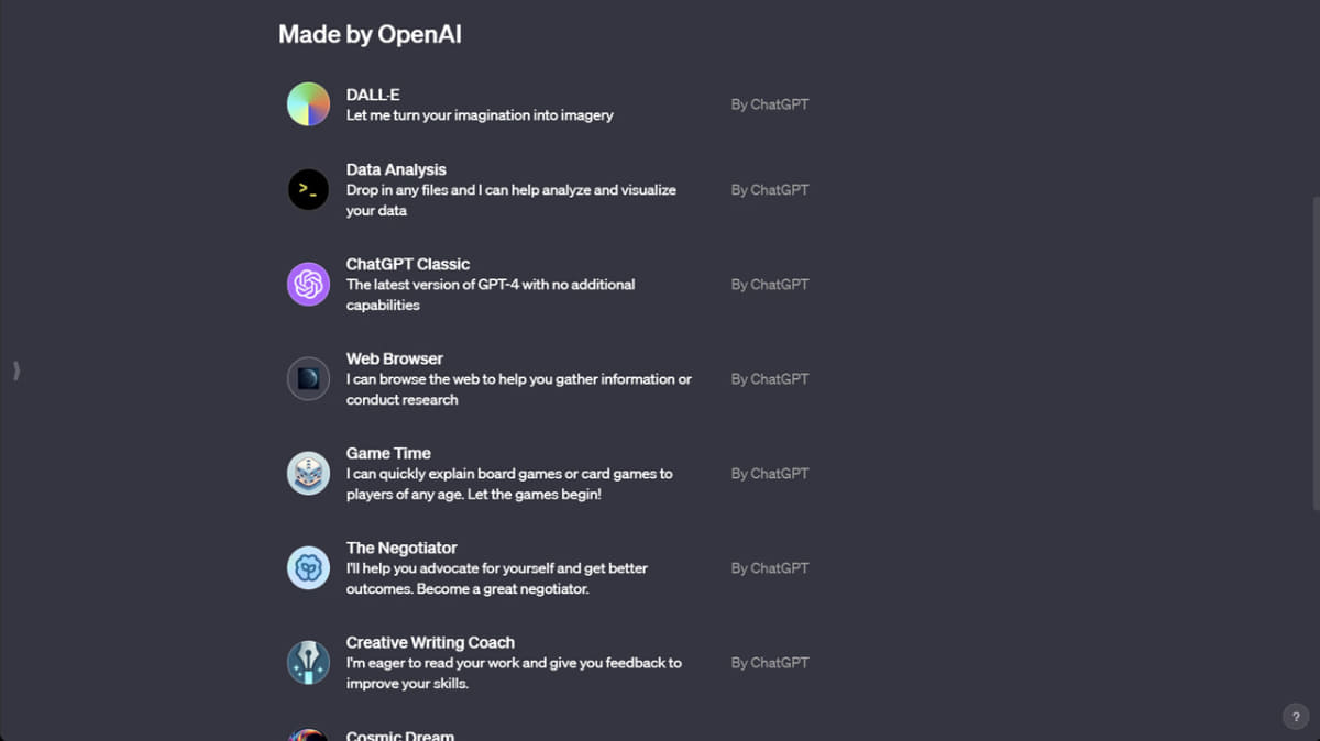 OpenAIが作成したGPTが並んでいる