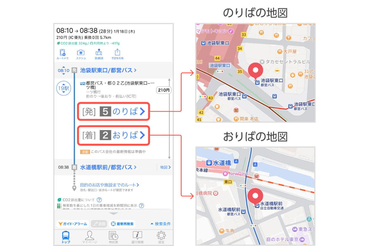 「のりば」「おりば」の表示