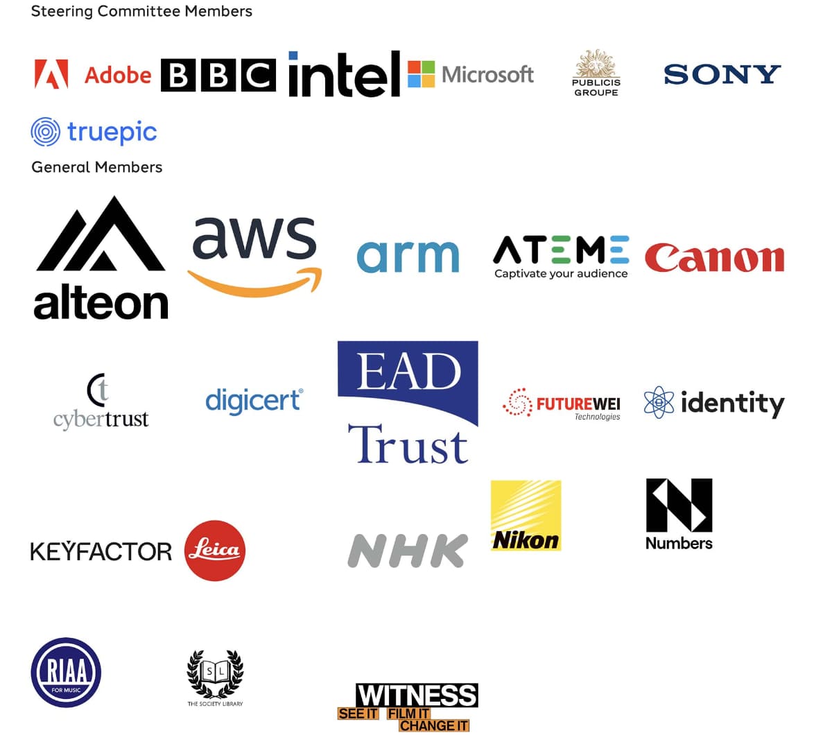 C2PAのホームページより。2月7日現在、巣テアリングコミッティはアドビ・BBC・インテル・マイクロソフト・インテル・ピュブリシス・ソニー。ここにGoogleが加わる