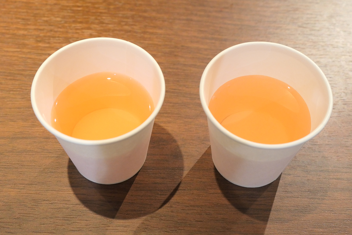 350mlの水で作ったアセロラV.C(左)と500mlの水でアセロラV.C(右)