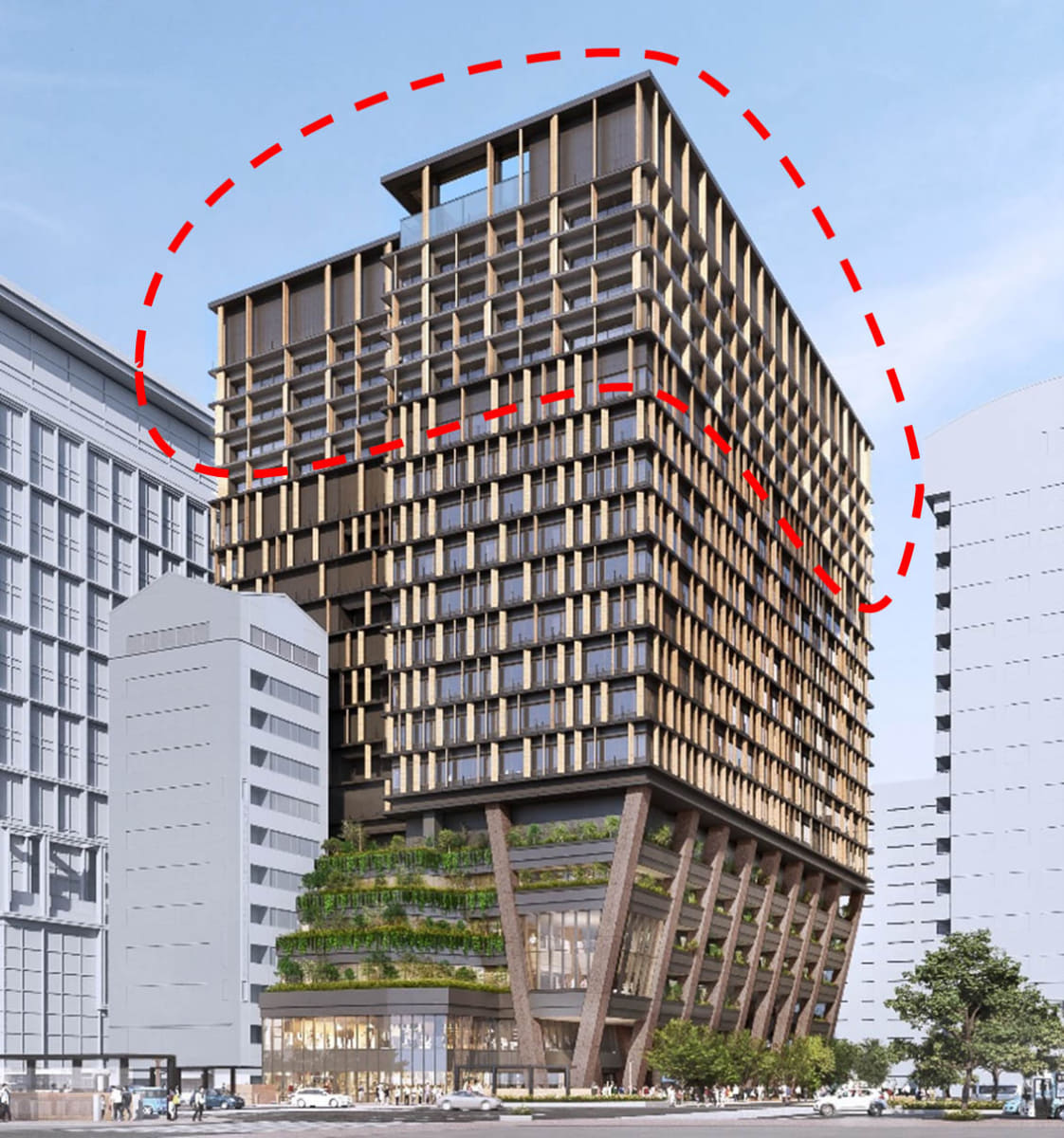 西側イメージ。赤点線内がホテルエリアで、ホテルエントランス・ラウンジは東側低層部