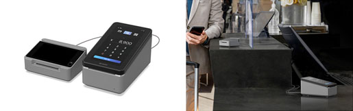 キャッシュレス決済端末イメージ(左)、キャッシュレス決済端末の利用イメージ(右)